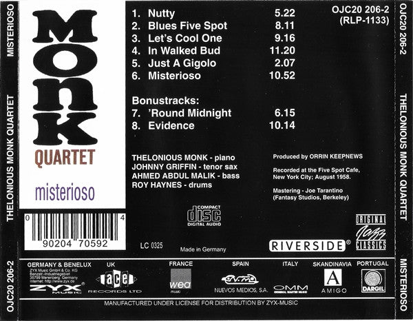 Monk Quartet* : Misterioso (CD, Album, RE, RM, Dig)