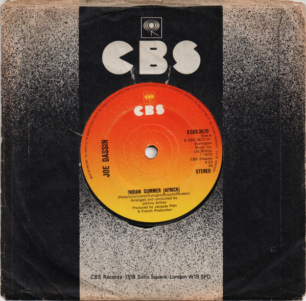 Joe Dassin : Indian Summer (Africa) (7", Single, Sol)