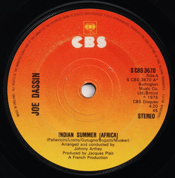 Joe Dassin : Indian Summer (Africa) (7", Single, Sol)