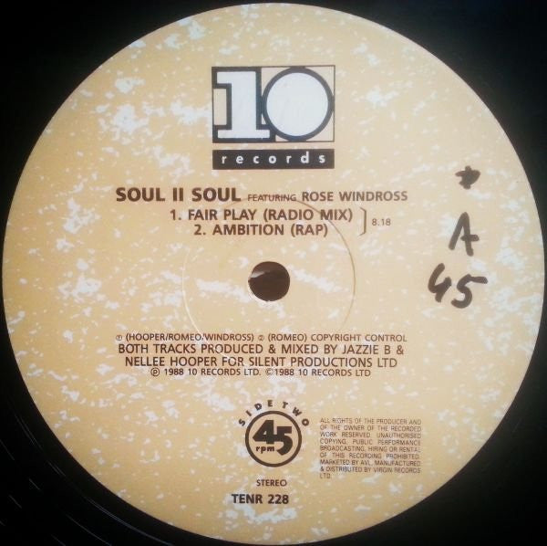 Soul II Soul Featuring Rose Windross : Fair Play / Ambition Rap (12")
