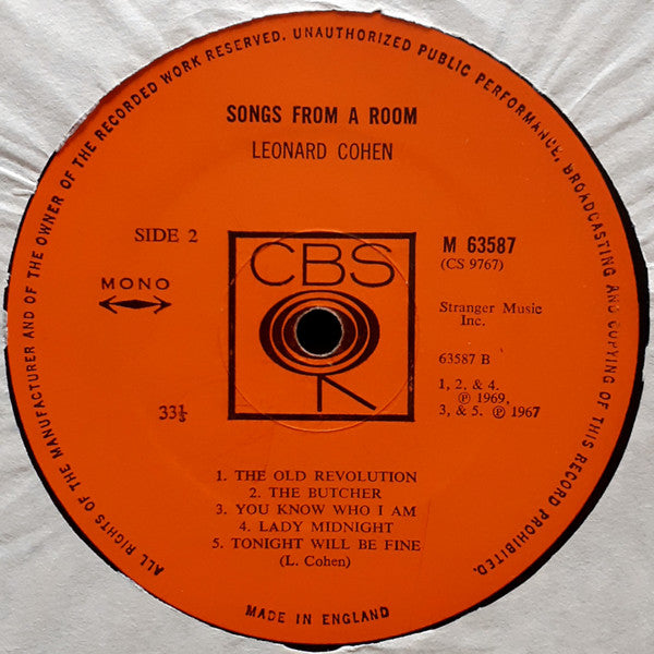 Leonard Cohen : Songs From A Room (LP, Album, Mono)
