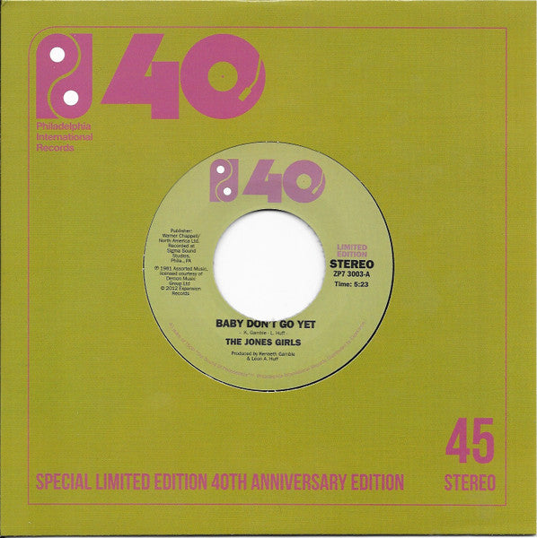 The Jones Girls : Baby Don't Go Yet / This Feeling's Killing Me (7", Single, Ltd)