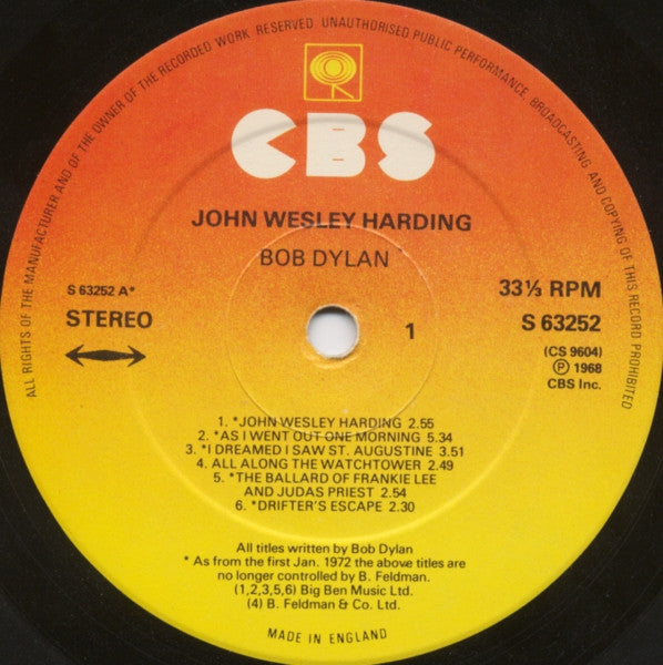 Bob Dylan : John Wesley Harding (LP, Album, RE)