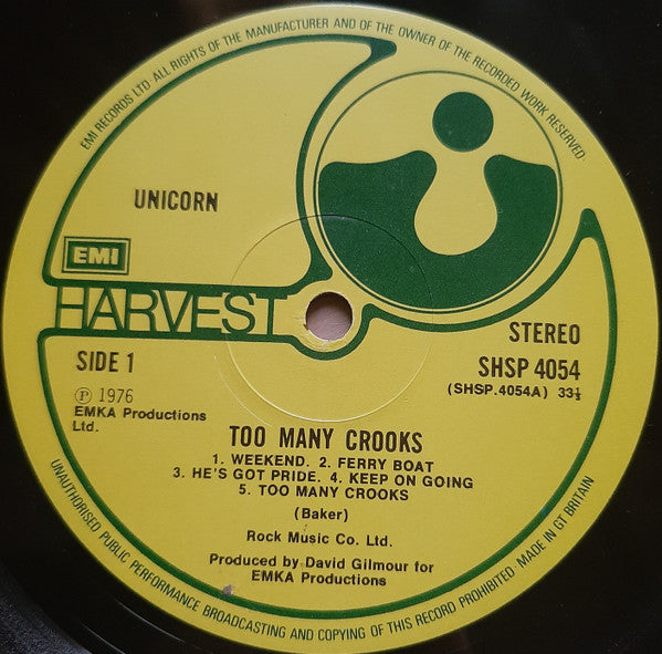 Unicorn (12) : Too Many Crooks (LP, Album)