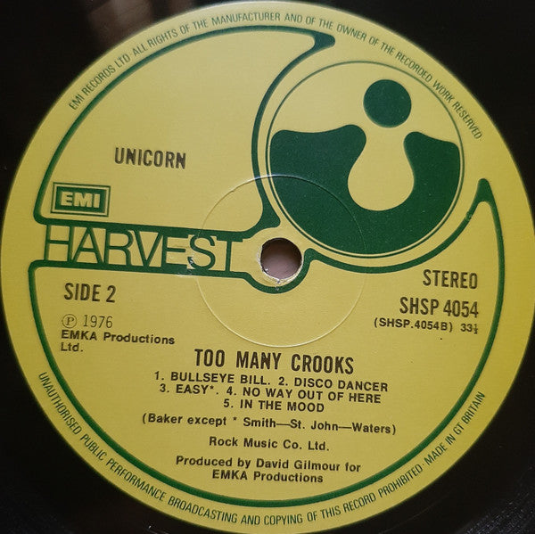 Unicorn (12) : Too Many Crooks (LP, Album)