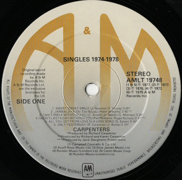 The Carpenters* : The Singles 1974-1978 (LP, Comp, Emb)