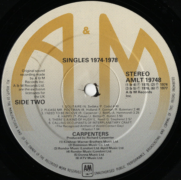 The Carpenters* : The Singles 1974-1978 (LP, Comp, Emb)