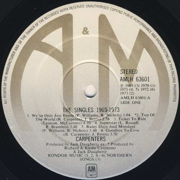 Carpenters : The Singles 1969-1973 (LP, Album, Comp, Gat)