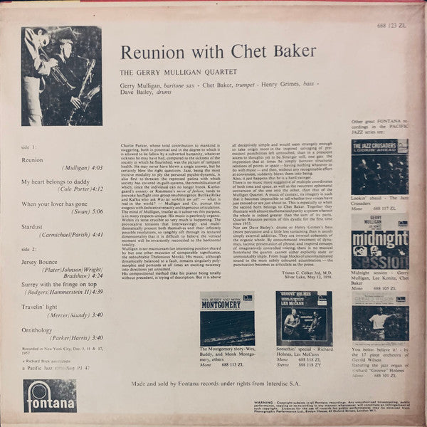 The Gerry Mulligan Quartet* : Reunion With Chet Baker (LP, Album, Mono, RE)