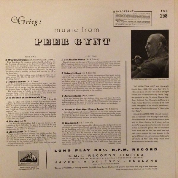 Grieg*, Sir Thomas Beecham, Bart. CH*, Royal Philharmonic Orchestra, Beecham Choral Society* With Ilse Hollweg : Music For Peer Gynt (LP, Album, RE, ER8)