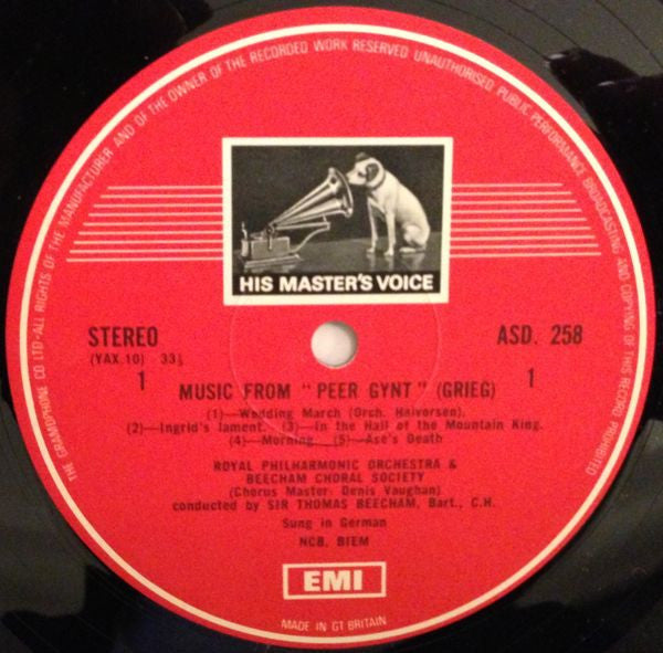 Grieg*, Sir Thomas Beecham, Bart. CH*, Royal Philharmonic Orchestra, Beecham Choral Society* With Ilse Hollweg : Music For Peer Gynt (LP, Album, RE, ER8)