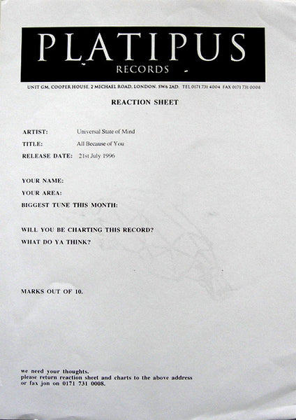 Universal State Of Mind : All Because Of You (12")