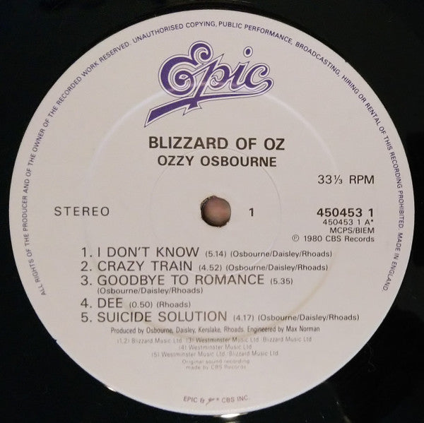 Ozzy Osbourne : Blizzard Of Ozz (LP, Album, RE)