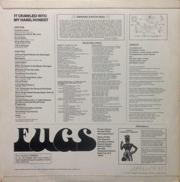 The Fugs : It Crawled Into My Hand, Honest (LP, Album, Gat)