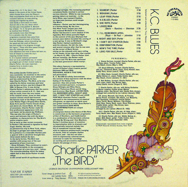 Charlie Parker "The Bird"* : K. C. Blues (LP, Comp, RP)