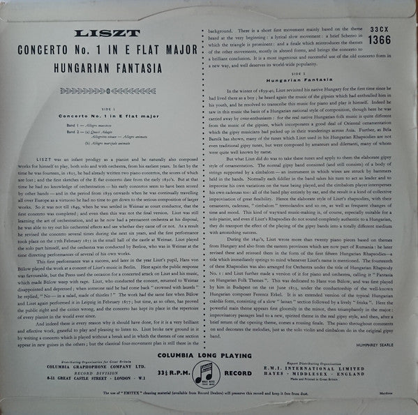 Liszt* - Geza Anda* And the Philharmonia Orchestra Conducted By Otto Ackermann : Piano Concerto No. 1 In E Flat / Hungarian Fantasia (LP, Mono)
