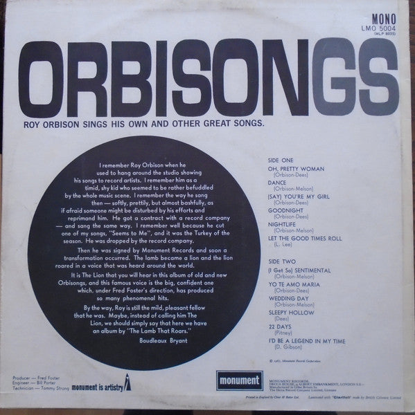 Roy Orbison : Orbisongs (LP, Album, Mono)