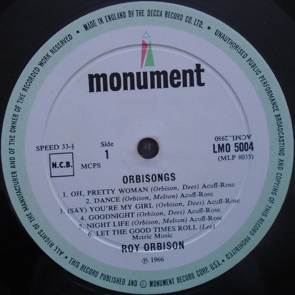 Roy Orbison : Orbisongs (LP, Album, Mono)