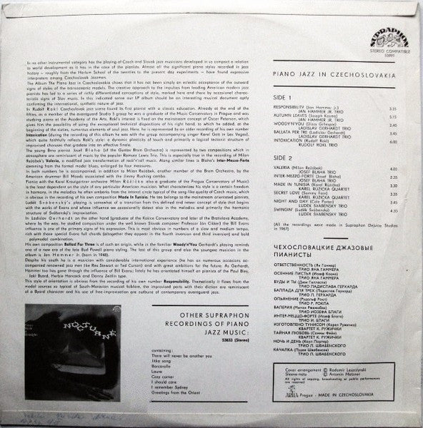 Various : Piano Jazz In Czechoslovakia (LP, Album, RP)