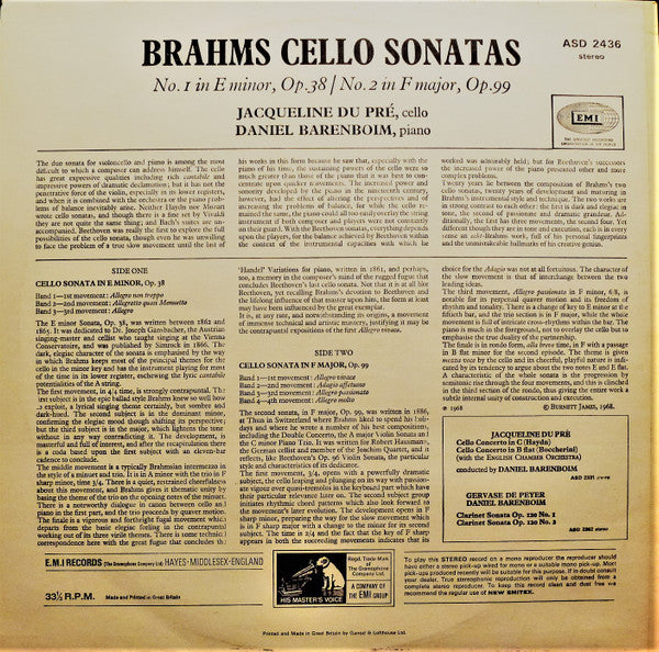 Brahms* - Jacqueline du Pré*, Daniel Barenboim : The Two Sonatas For Cello And Piano (LP, RE)