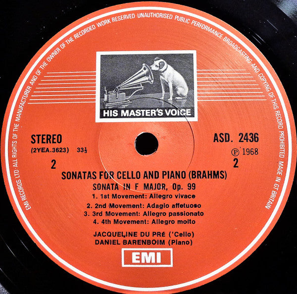 Brahms* - Jacqueline du Pré*, Daniel Barenboim : The Two Sonatas For Cello And Piano (LP, RE)