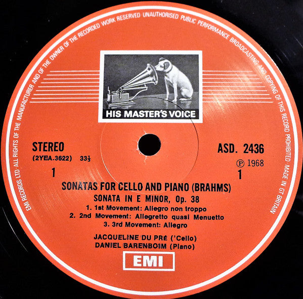 Brahms* - Jacqueline du Pré*, Daniel Barenboim : The Two Sonatas For Cello And Piano (LP, RE)
