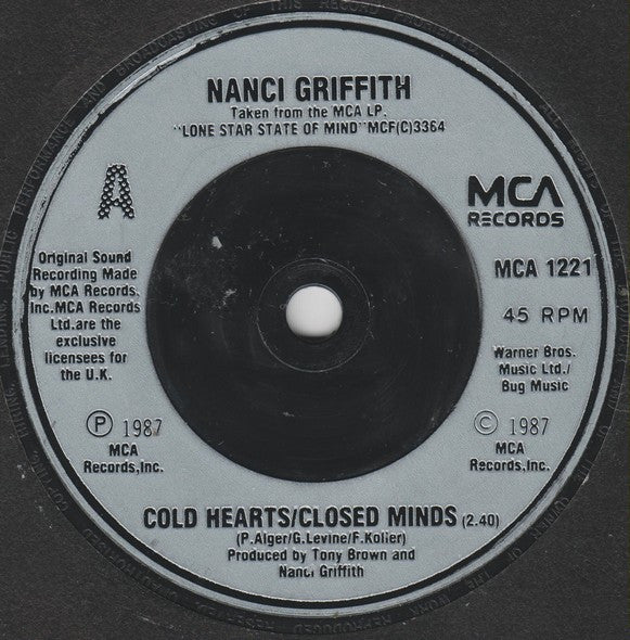 Nanci Griffith : Cold Hearts/Closed Minds (7", Single)