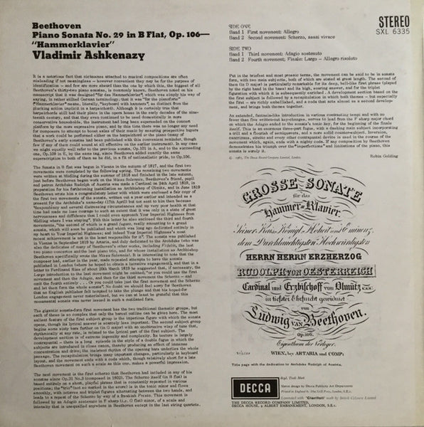 Ludwig Van Beethoven, Vladimir Ashkenazy : Hammerklavier Sonata In B Flat Op. 106 (LP, ED2)