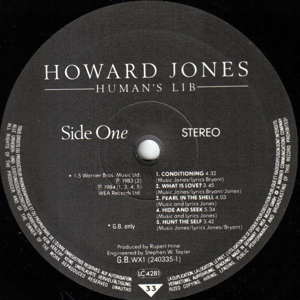 Howard Jones : Human's Lib (LP, Album, Bla)