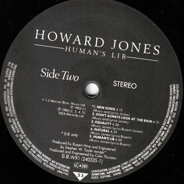 Howard Jones : Human's Lib (LP, Album, Bla)