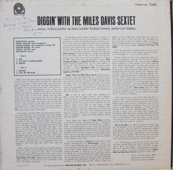 Miles Davis : Diggin' With The Miles Davis Sextet (LP, Comp, Mono, RE)