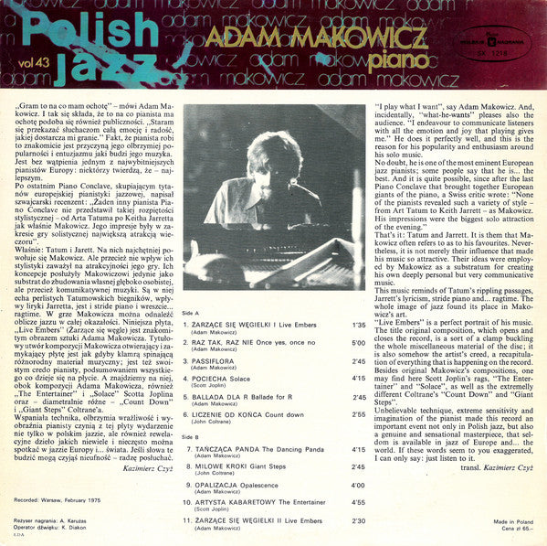 Adam Makowicz : Live Embers (LP, Album, Red)