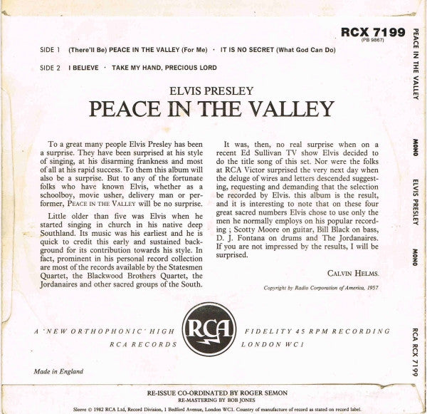 Elvis Presley : Peace In The Valley (7", EP, Mono, RE, RM)