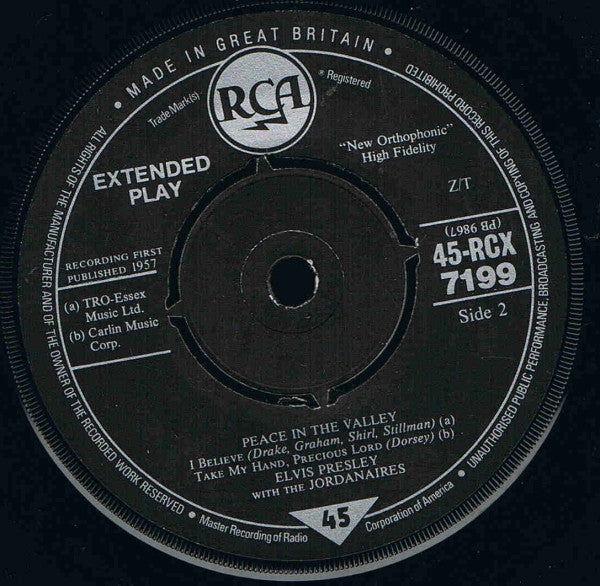 Elvis Presley : Peace In The Valley (7", EP, Mono, RE, RM)