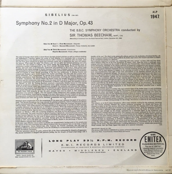 Sibelius*, Sir Thomas Beecham, BBC Symphony Orchestra : Symphony No.2 (LP, Mono)