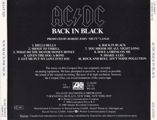 AC/DC : Back In Black (CD, Album, RE)