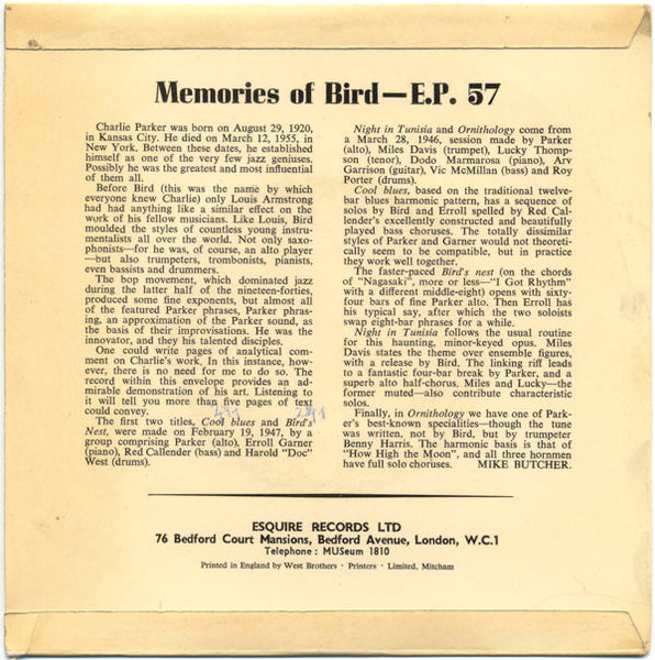 Charlie Parker : Memories Of Bird (7", EP, Mono, 3-L)
