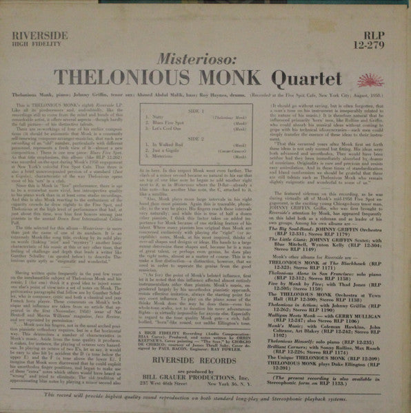 The Thelonious Monk Quartet : Misterioso (LP, Album, Mono, RE)