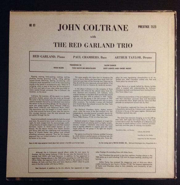 John Coltrane With The Red Garland Trio : Traneing In (LP, Album, Mono, RP, Yel)