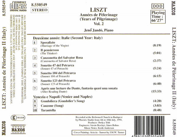 Franz Liszt, Jenö Jandó : Années de Pèlerinage - Vol. 2 (CD, Album)