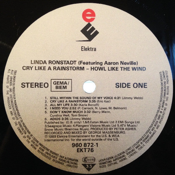 Linda Ronstadt Featuring Aaron Neville : Cry Like A Rainstorm - Howl Like The Wind (LP, Album)