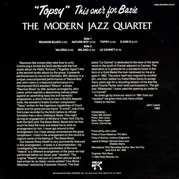 The Modern Jazz Quartet : "Topsy" This One's For Basie (LP)