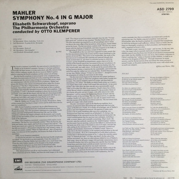 Elisabeth Schwarzkopf, Philharmonia Orchestra Conducted By Otto Klemperer / Gustav Mahler : Symphony No. 4 in G major (LP, RE, RP)
