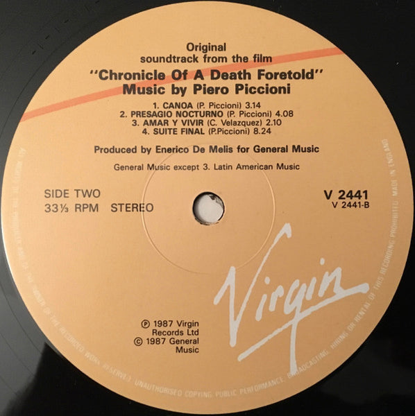 Piero Piccioni : Chronicle Of A Death Foretold (Original Soundtrack From The Film) (LP, Album)