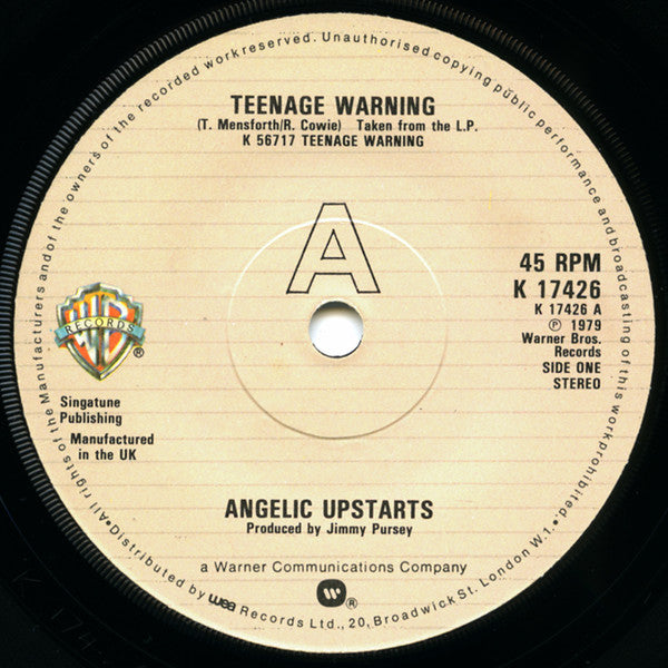 Angelic Upstarts : Teenage Warning (7", Single, Sol)