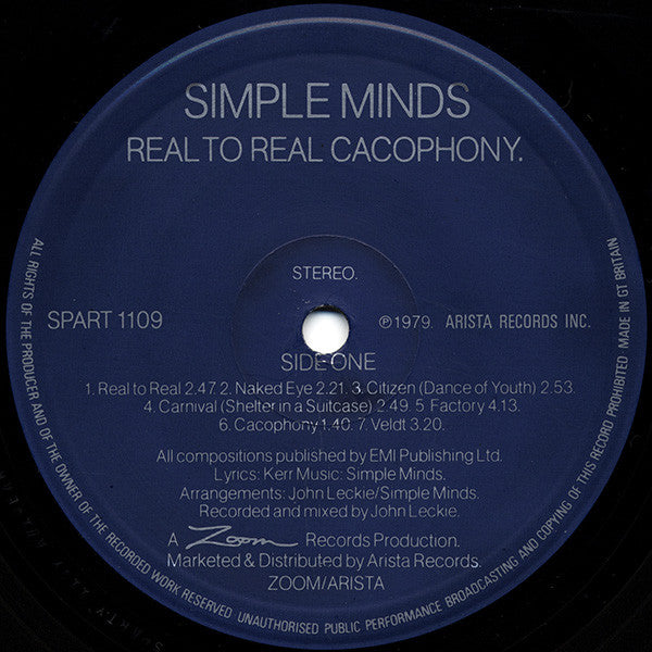 Simple Minds : Real To Real Cacophony. (LP, Album)
