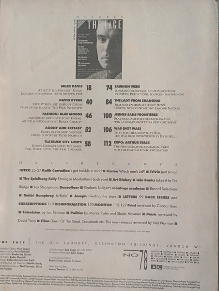 The FACE No. 78 October 1986 David Byrne, Miles Davis, Was (Not Was)