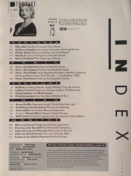 The Face Issue 75 July 1986 Billy Idol, Anthony Hopkins, Phillip Glass, Paris - 27 page special
