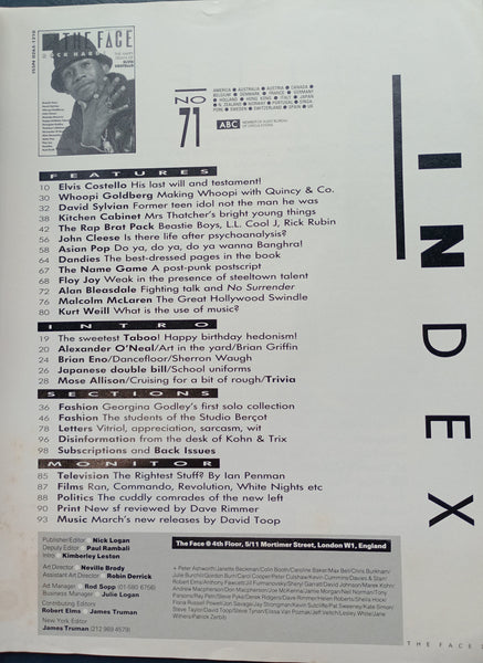 The Face magazine No. 71 March 1986 Beastie Boys, Elvis Costello, Malcolm McLaren, Punjabi Goes Pop! Kurt Weill