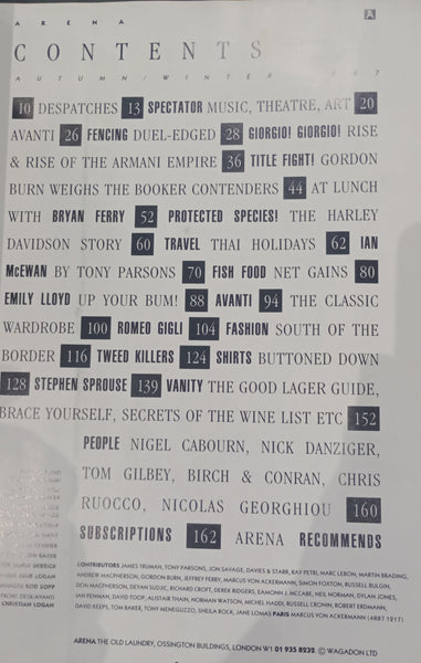 Arena magazine Issue 6 Autumn/Winter 1987 Brian Ferry, Giorgio Armani, Emily Lloyd,